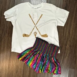 NEW Queen of Sparkles Set: Gold Golf Tee (M) and Black Rainbow Swing Shorts (S)